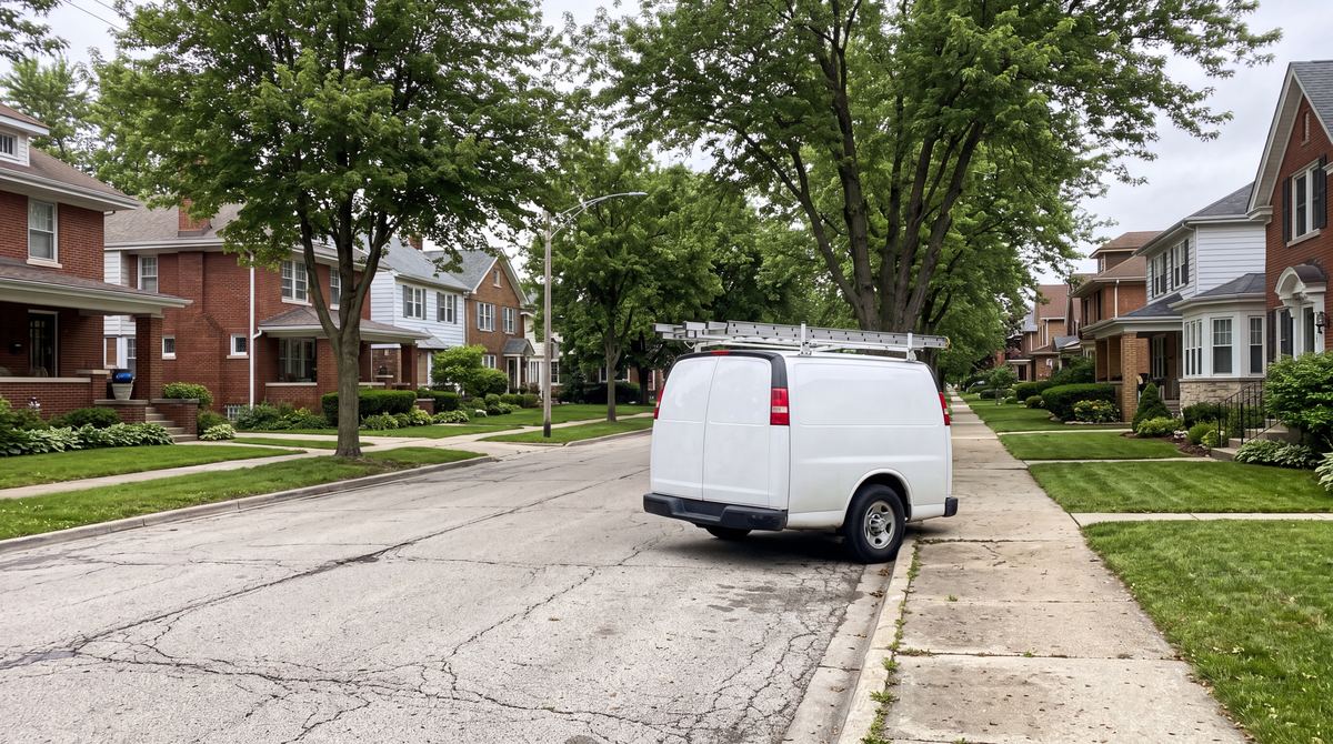 An unmarked white work van with a ladder rack parked on a leafy older suburban street