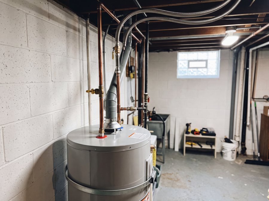 A newly installed residential water heater with copper supply lines in a basement