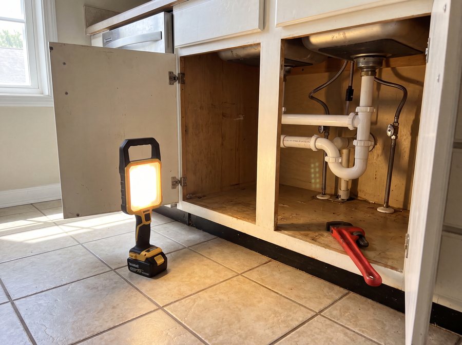 A plumber lying under a kitchen sink replacing the trap