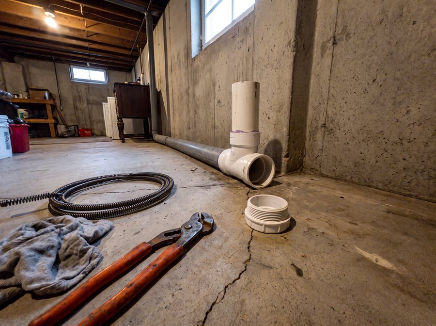 A sewer cleanout access fitting opened in a basement floor with a drain cable and hand tools beside it